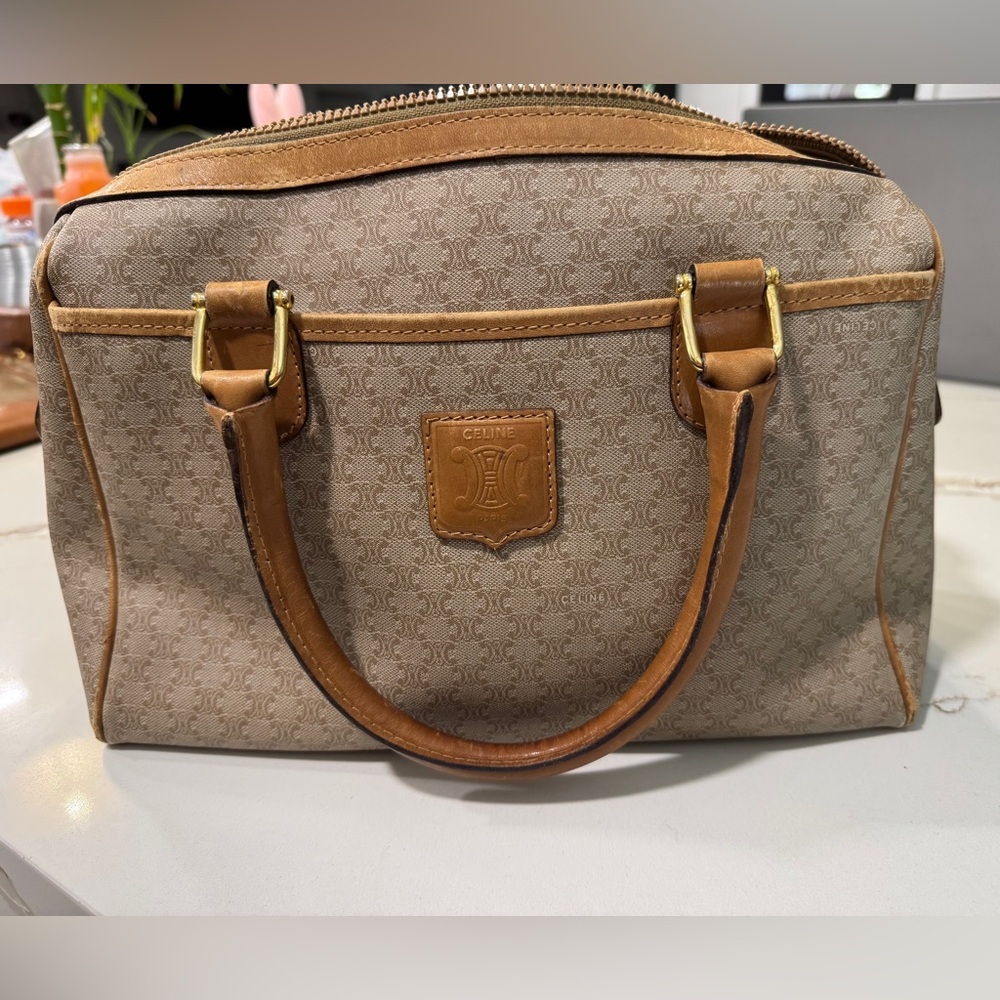 Vintage Celine Macadam Handbag - Beige & Tan Coated Canvas